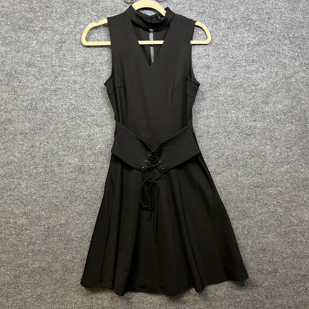 Aqua Sleeveless Mock Neck Skater Dress Womens Black Corset Lace-Up Waist - Small